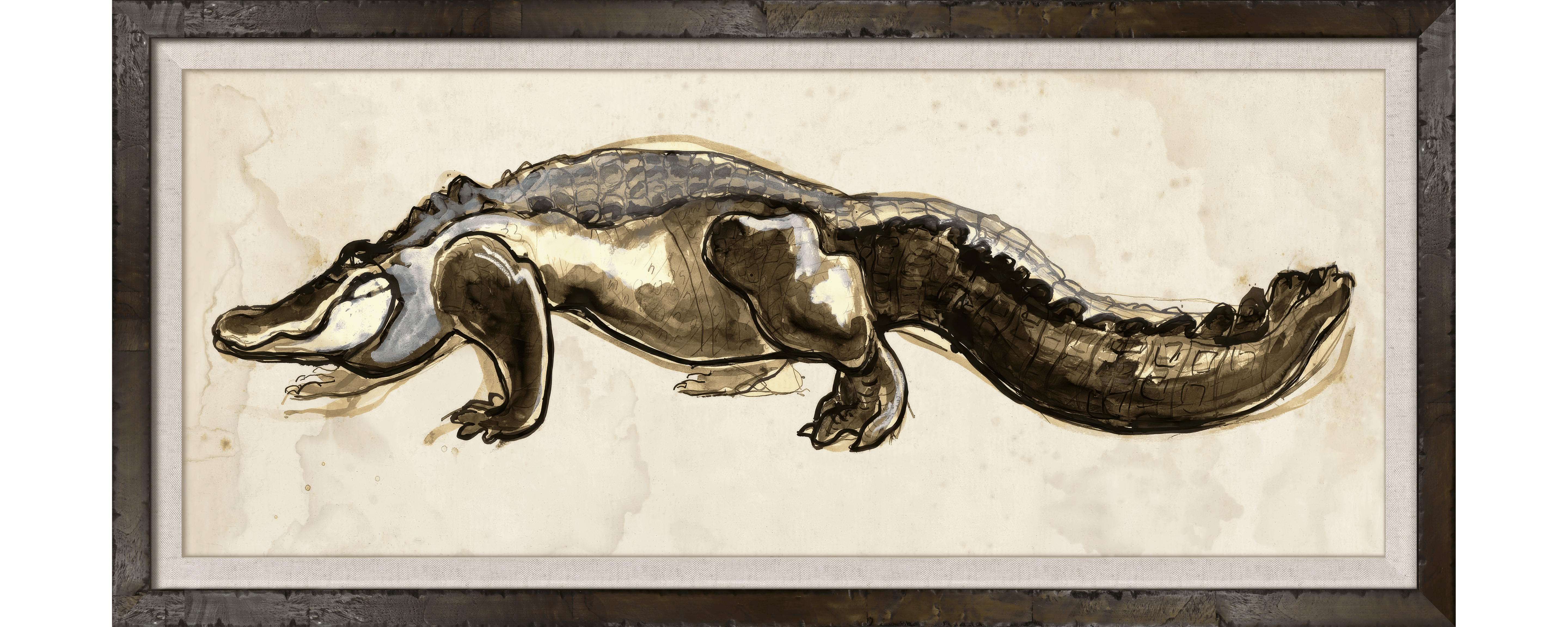 On the Hunt — detailed ink wash alligator illustration