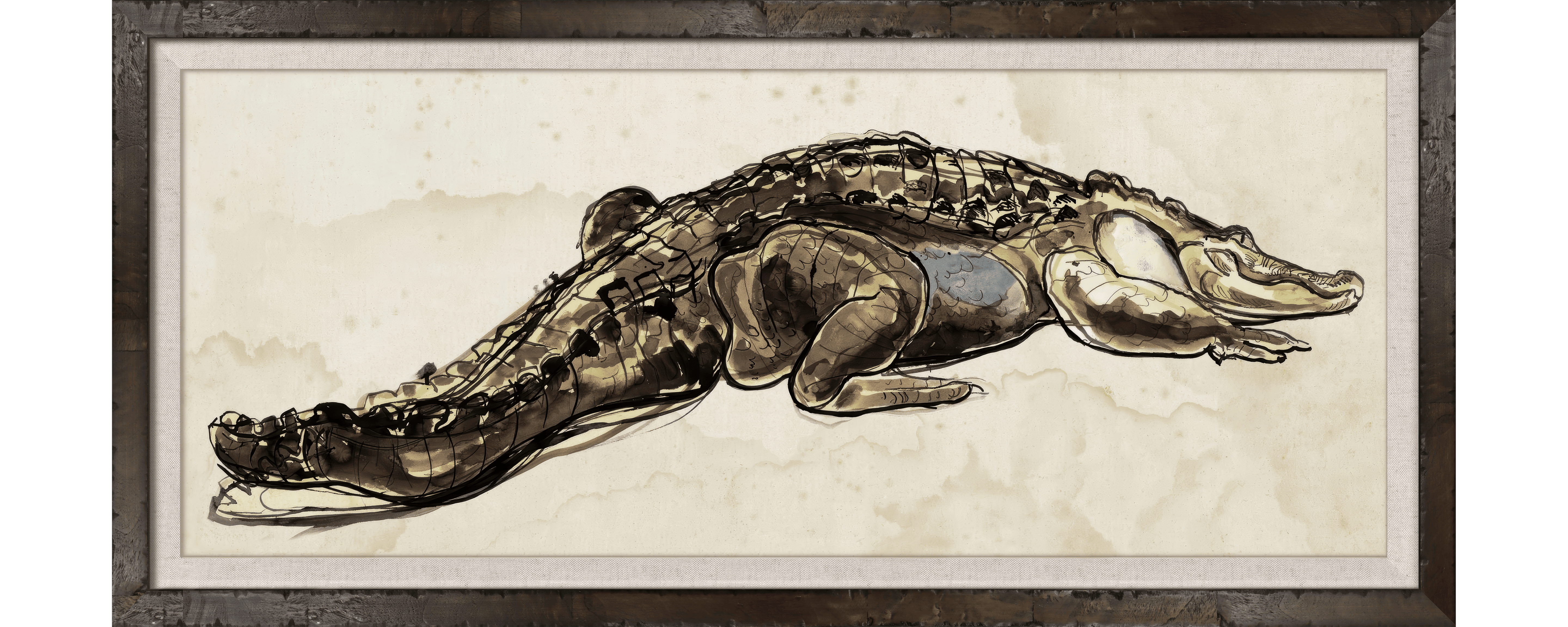In Repose — detailed ink wash alligator illustration