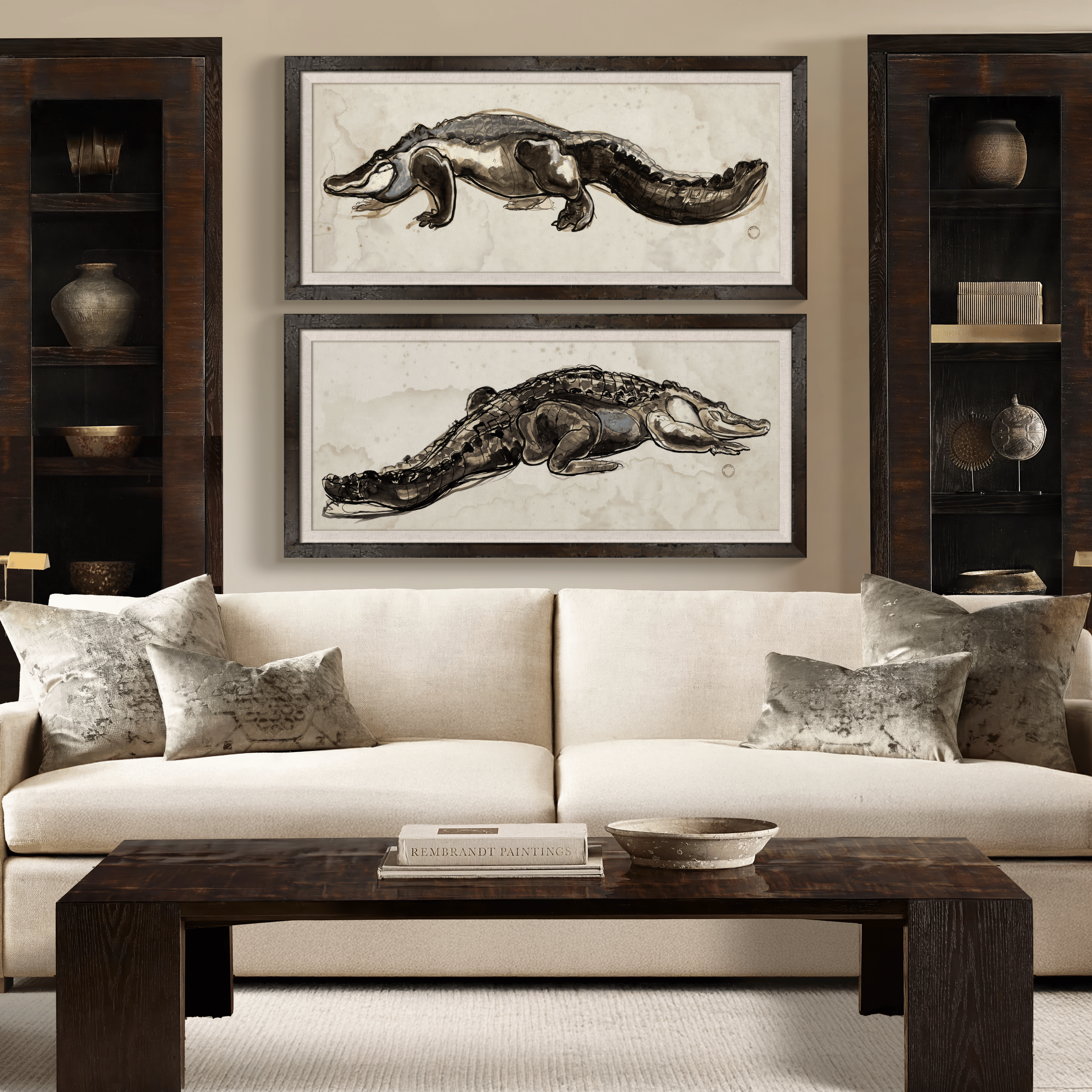 Ink wash alligator studies — original wildlife illustration art prints