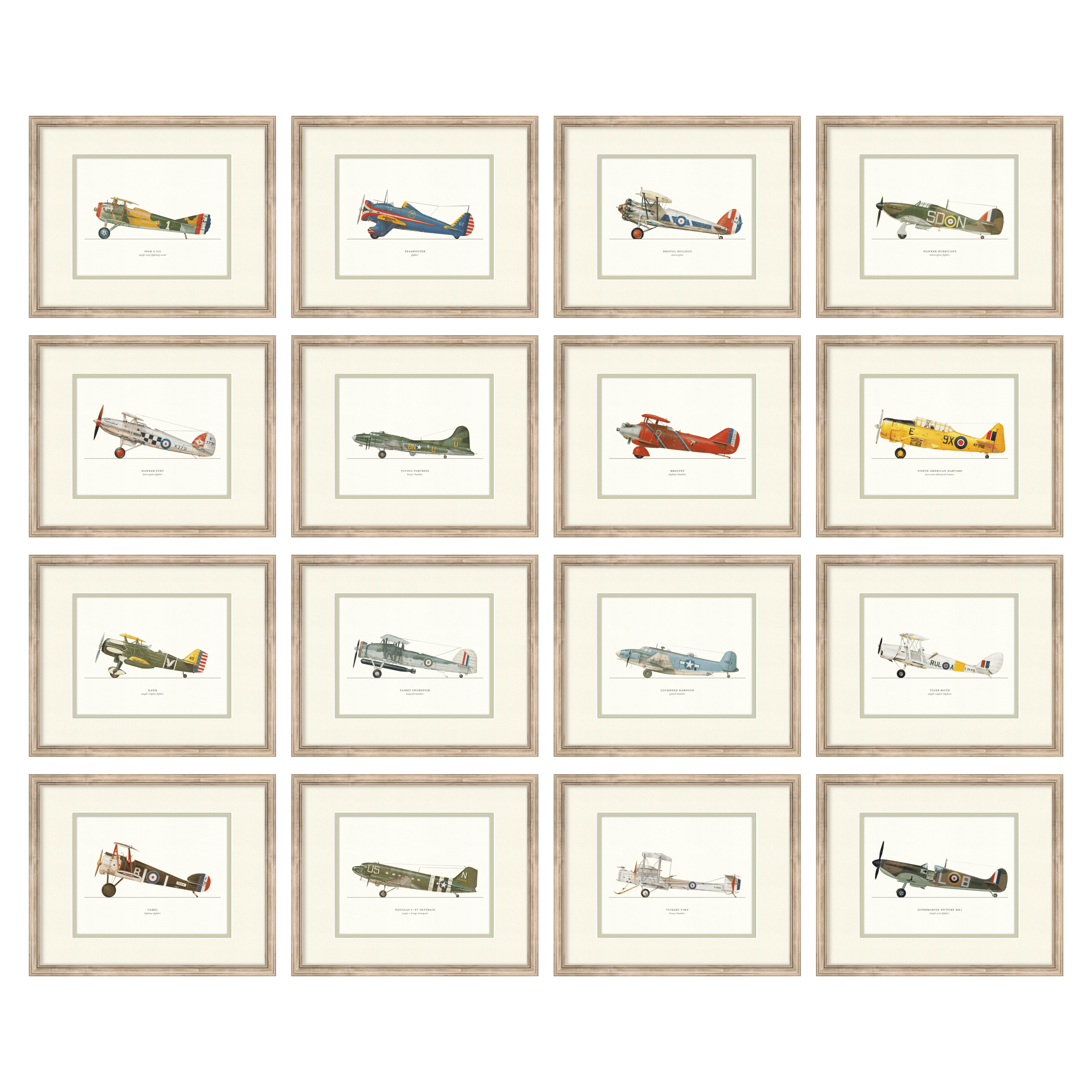 Vintage Airplanes Full Set of 18 — vintage aviation illustration gallery wall collection