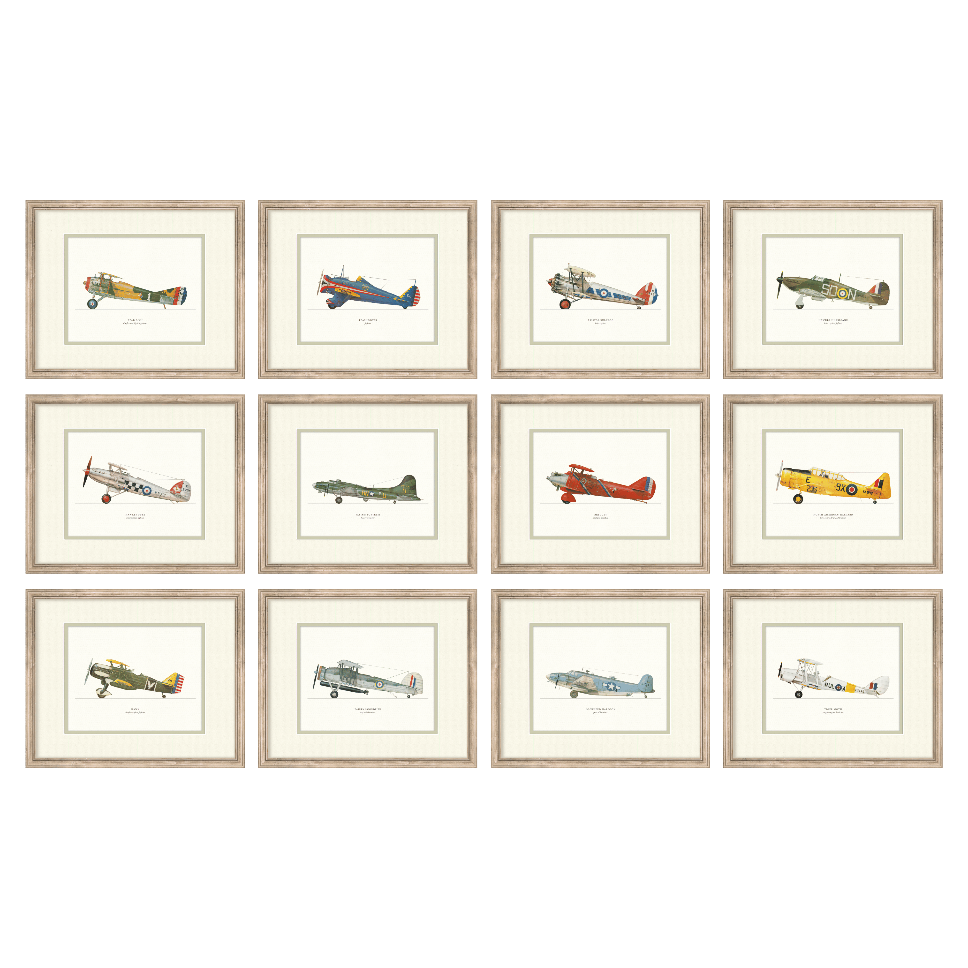 Vintage Airplanes Curated Set of 12 — vintage aviation illustration gallery wall collection