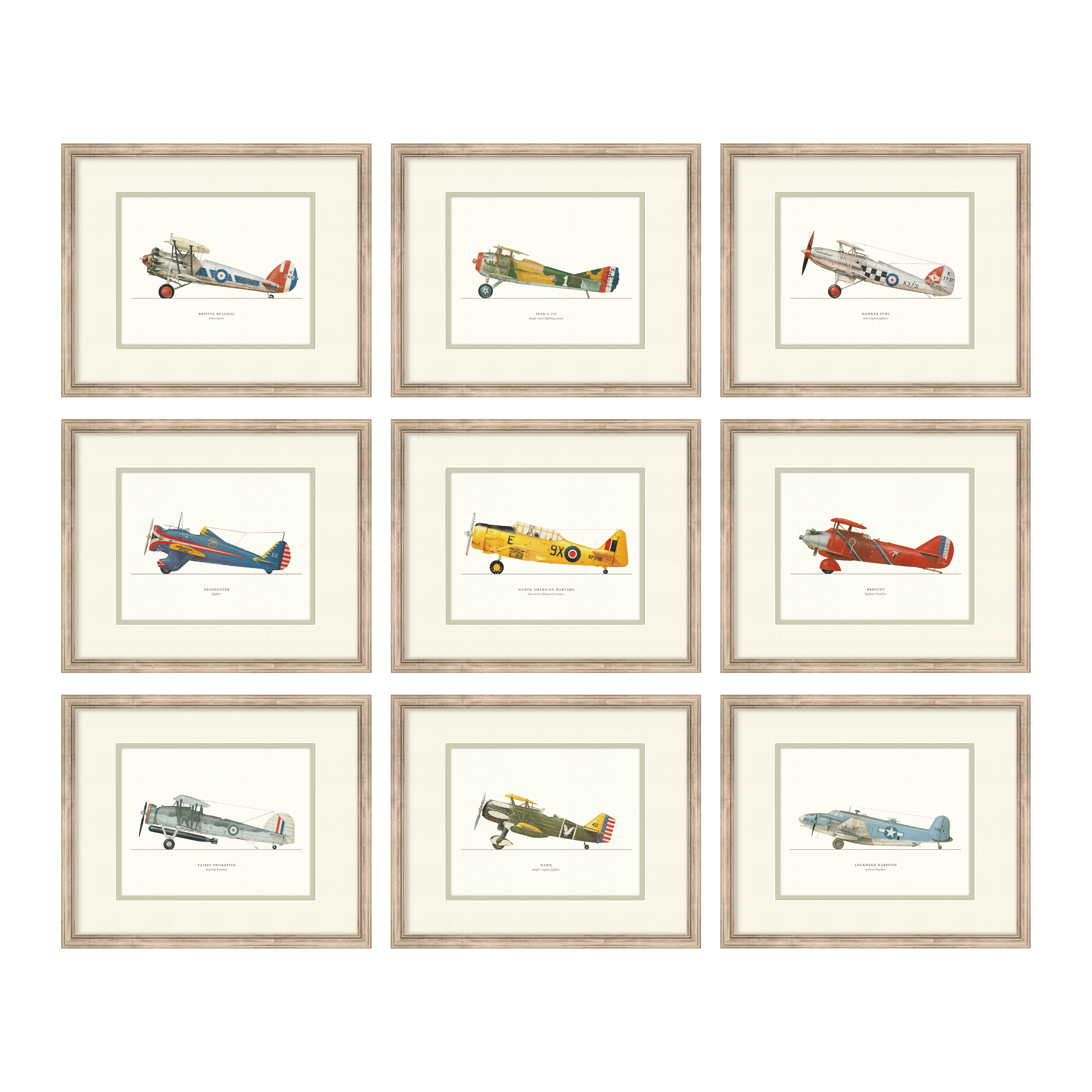 Vintage Airplanes Curated Set of 9 — vintage aviation illustration gallery wall collection