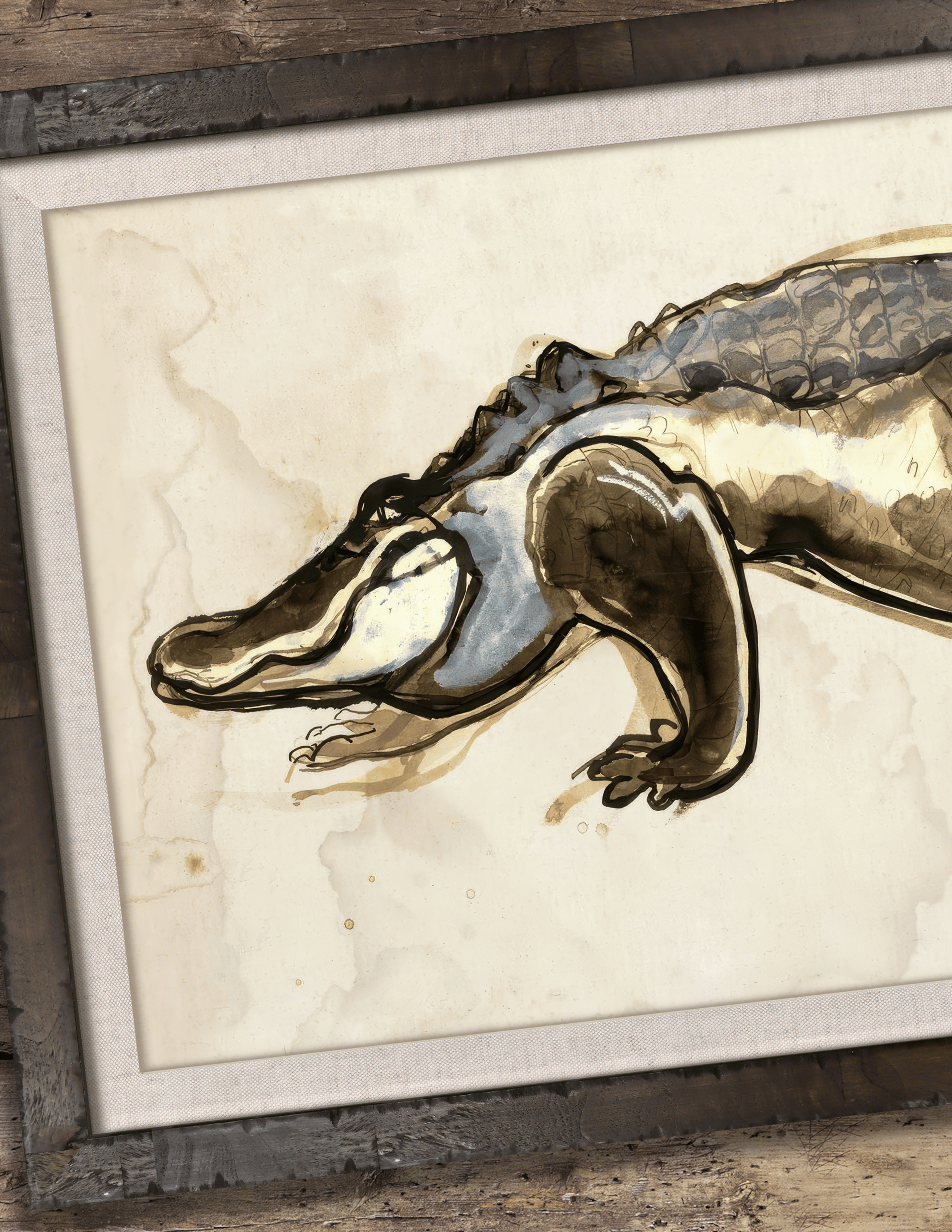 On the Hunt alligator — ink wash wildlife illustration detail