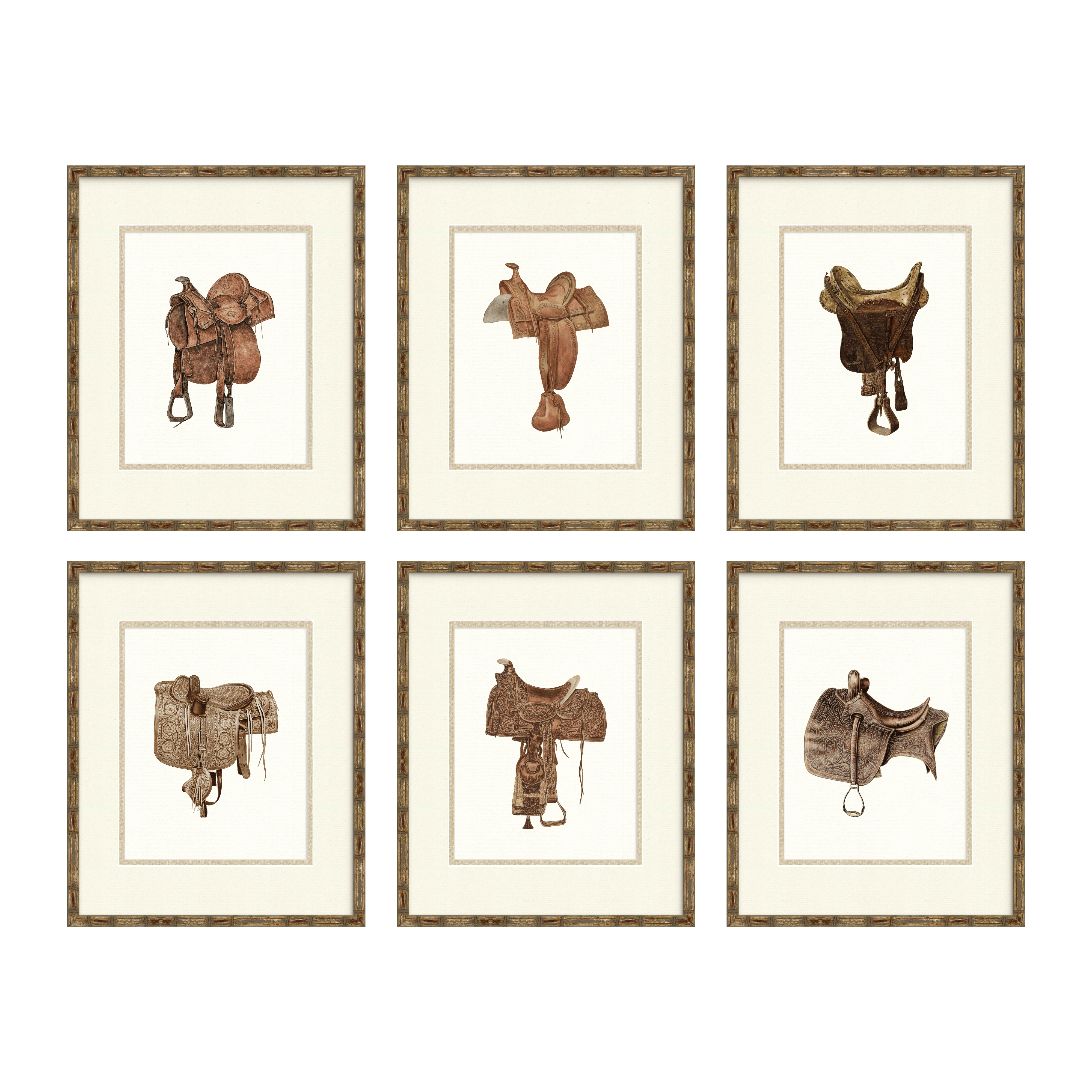 Vintage Saddle Illustrations Set of 6 — vintage American saddle gallery wall collection