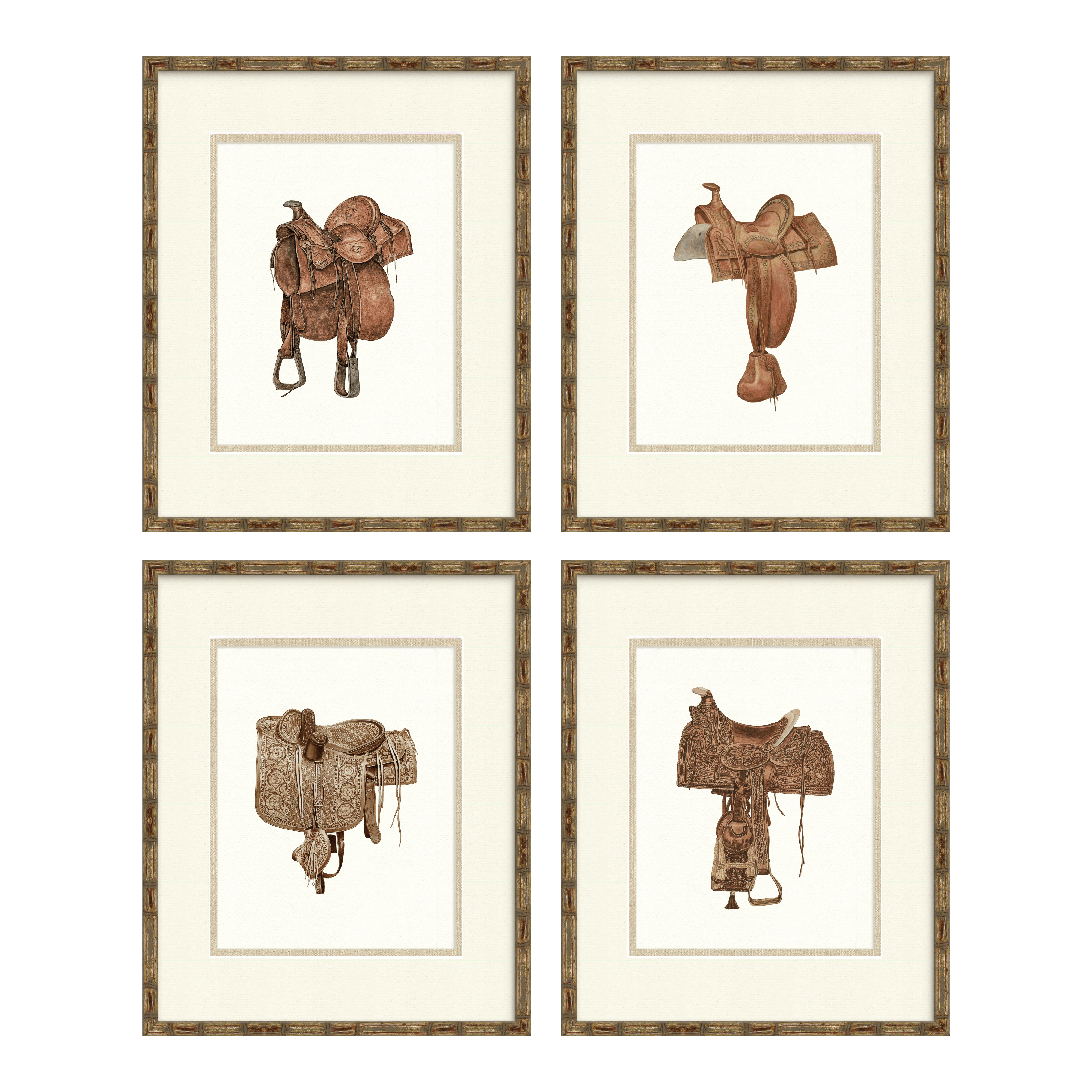 Vintage Saddle Illustrations Set of 4 — vintage American saddle gallery wall collection