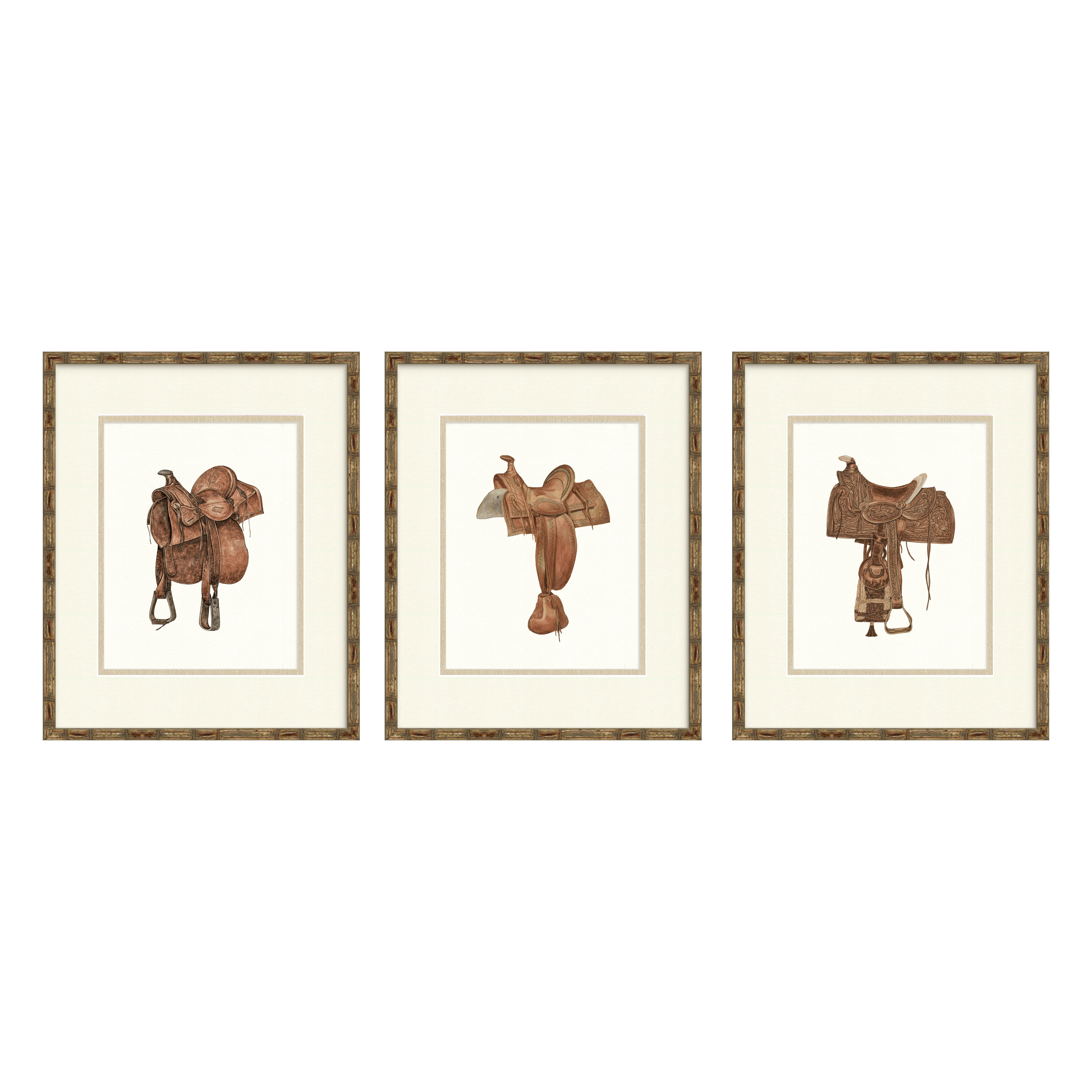 Vintage Saddle Illustrations Set of 3 — vintage American saddle gallery wall collection