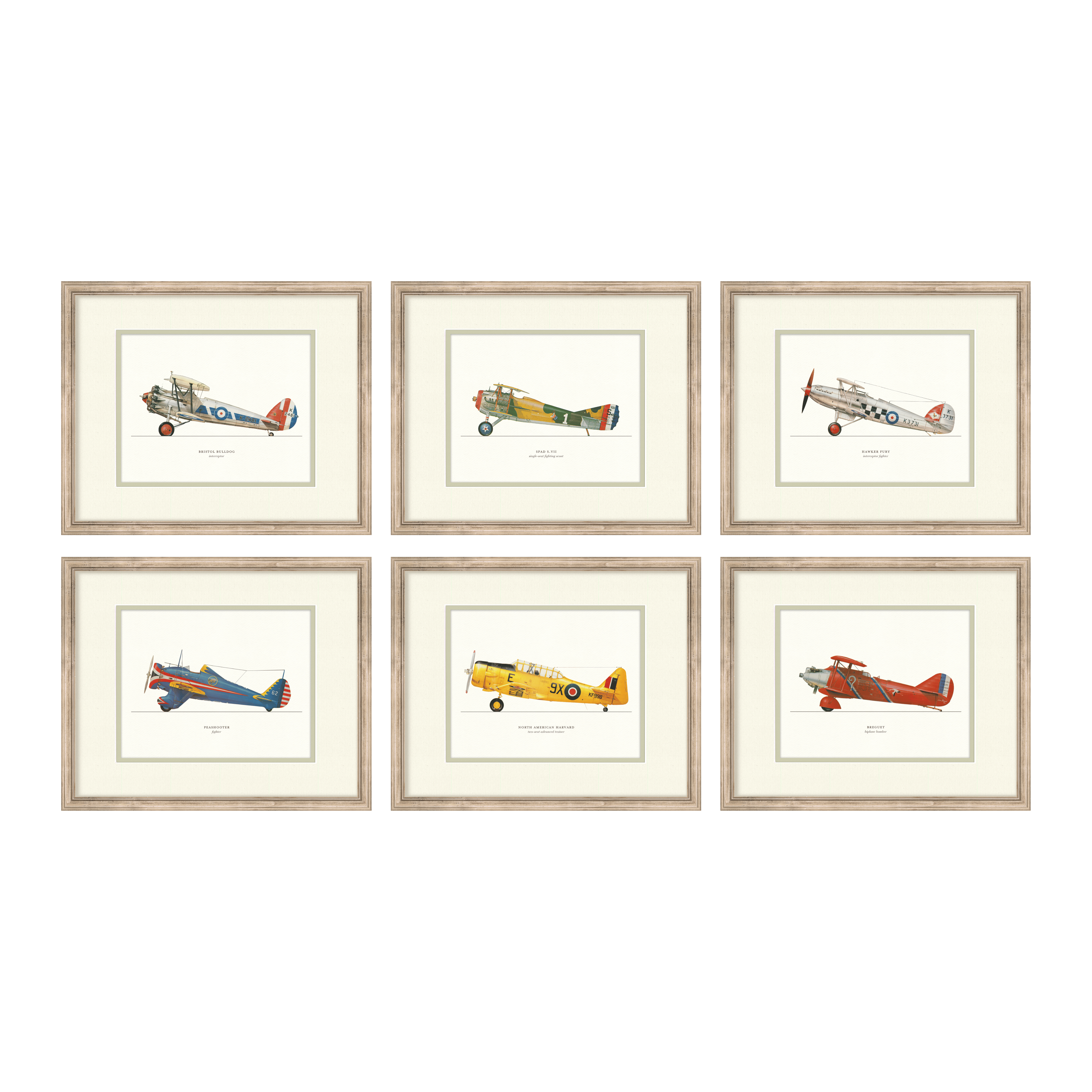 Vintage Airplanes Curated Set of 6 — vintage aviation illustration gallery wall collection